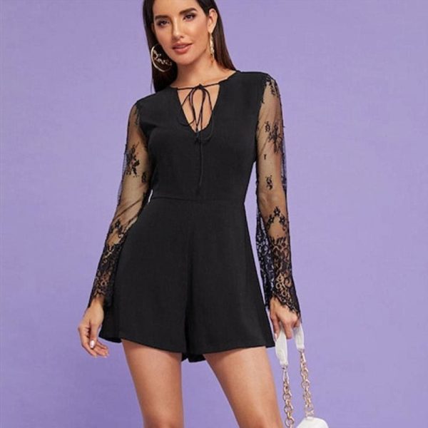 The Best Summer Women V Neck Mesh Long Sleeve Bodycon Jumpsuit Fashion Ladies Slim Romper Casual Short Pants Online - Takalr