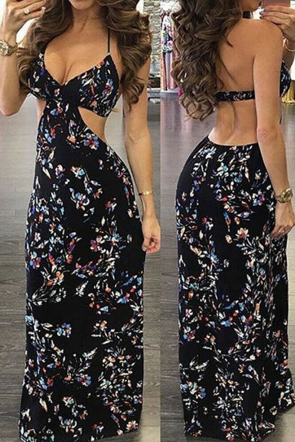 The Best Summer Women Vintage Boho Long Maxi Evening Party Beach Dress Floral Backless Holiday Sleeveless Deep V Neck Loose Sundress Online - Takalr