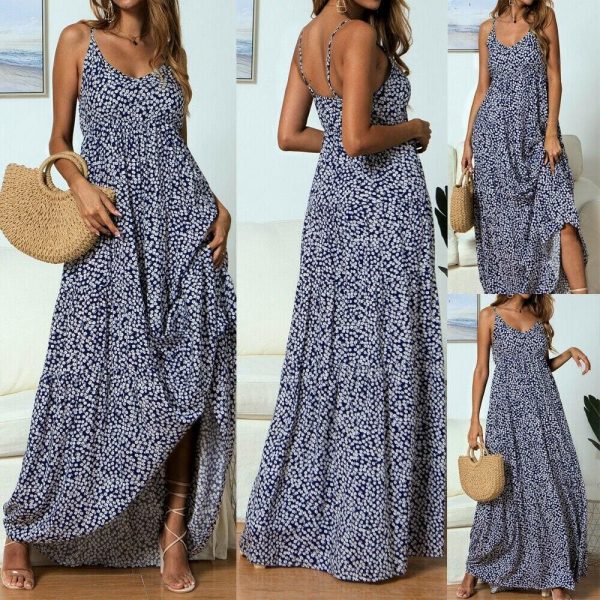 The Best Summer Women's Bohemian Floral Sling V-neck Dress Fashion Ladies Sleeveless Holiday Maxi Dress Sundress Online - Takalr