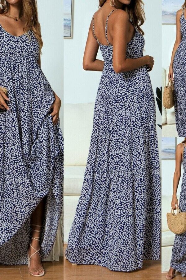 The Best Summer Women's Bohemian Floral Sling V-neck Dress Fashion Ladies Sleeveless Holiday Maxi Dress Sundress Online - Takalr