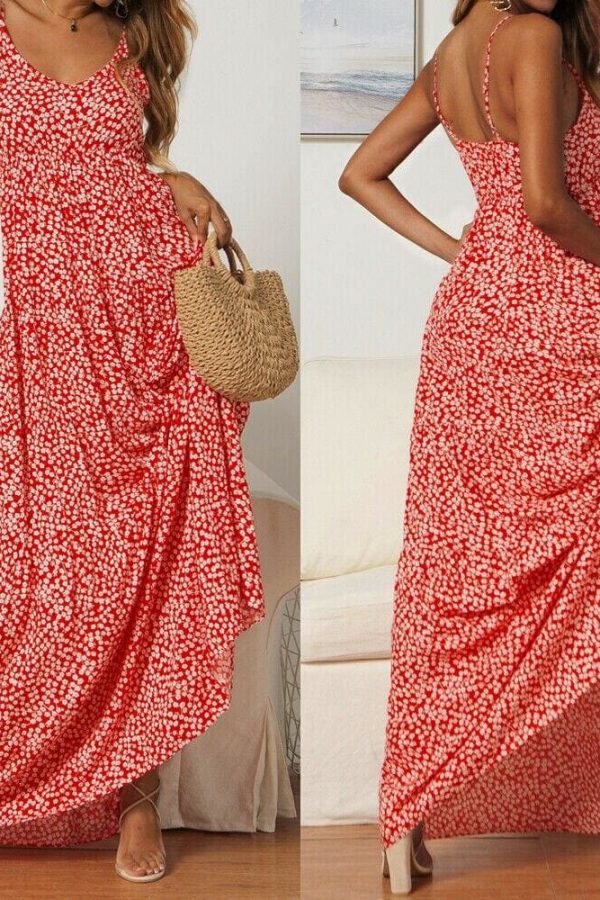 The Best Summer Women's Bohemian Floral Sling V-neck Dress Fashion Ladies Sleeveless Holiday Maxi Dress Sundress Online - Takalr