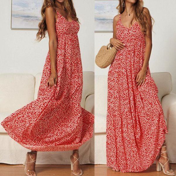 The Best Summer Women's Bohemian Floral Sling V-neck Dress Fashion Ladies Sleeveless Holiday Maxi Dress Sundress Online - Takalr