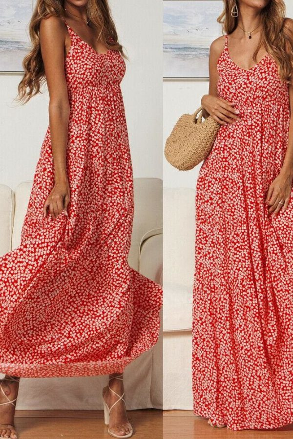 The Best Summer Women's Bohemian Floral Sling V-neck Dress Fashion Ladies Sleeveless Holiday Maxi Dress Sundress Online - Takalr