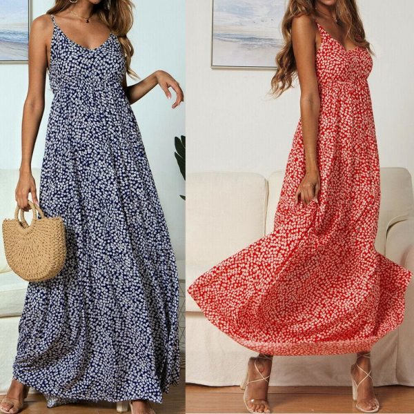 The Best Summer Women's Bohemian Floral Sling V-neck Dress Fashion Ladies Sleeveless Holiday Maxi Dress Sundress Online - Takalr