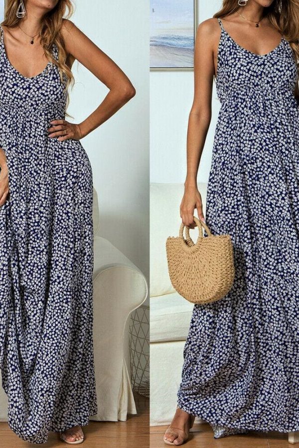 The Best Summer Women's Bohemian Floral Sling V-neck Dress Fashion Ladies Sleeveless Holiday Maxi Dress Sundress Online - Takalr