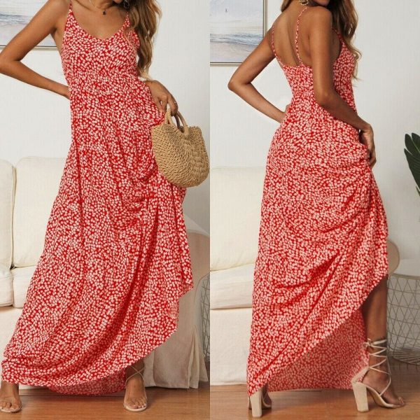 The Best Summer Women's Bohemian Floral Sling V-neck Dress Fashion Ladies Sleeveless Holiday Maxi Dress Sundress Online - Takalr