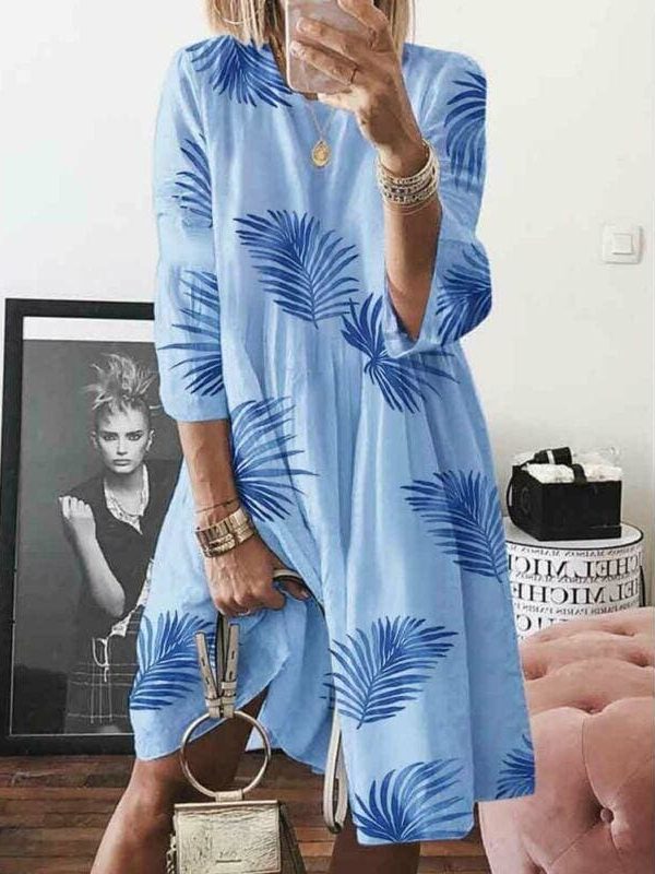 The Best Summer Women's Boho Loose Print Beach Dresses Casual Ladies Three Quarter Sleeve Holiday Party Dress Sundress Online - Takalr