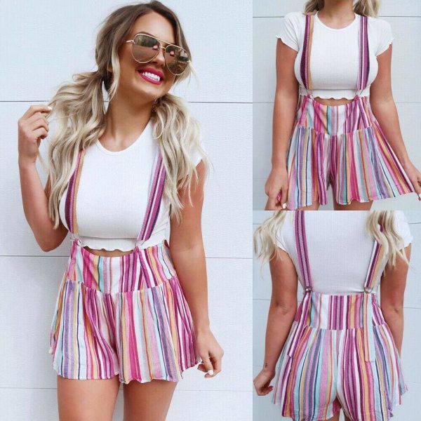 The Best Summer Women's Overalls Pocket High Waist Striped Suspender Trousers Fashion Beach Casual Loose Straps Rompers Online - Takalr