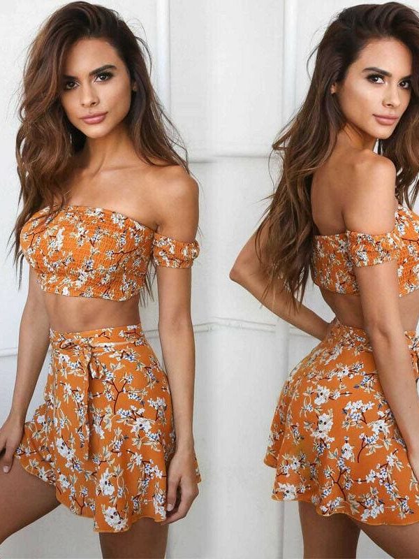 The Best Summer Women's Sets Off Shoulder Floral Print Chiffon Two Pieces Beach Set Off Shoulder Crop Tops and Skirt Casual Suits Online - Takalr