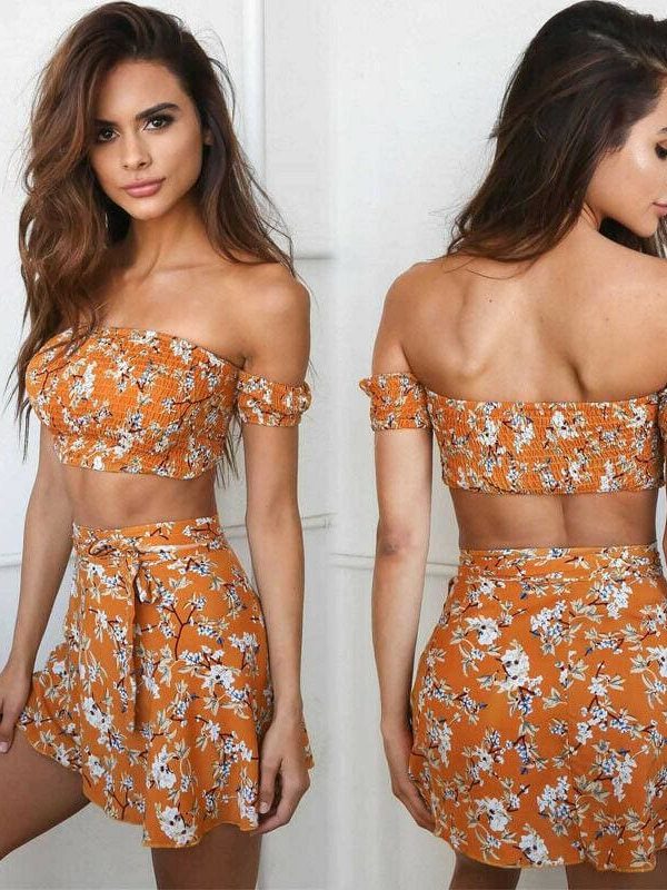 The Best Summer Women's Sets Off Shoulder Floral Print Chiffon Two Pieces Beach Set Off Shoulder Crop Tops and Skirt Casual Suits Online - Takalr