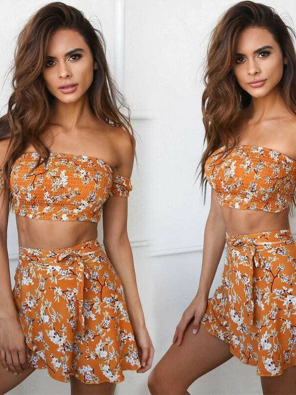 The Best Summer Women's Sets Off Shoulder Floral Print Chiffon Two Pieces Beach Set Off Shoulder Crop Tops and Skirt Casual Suits Online - Takalr