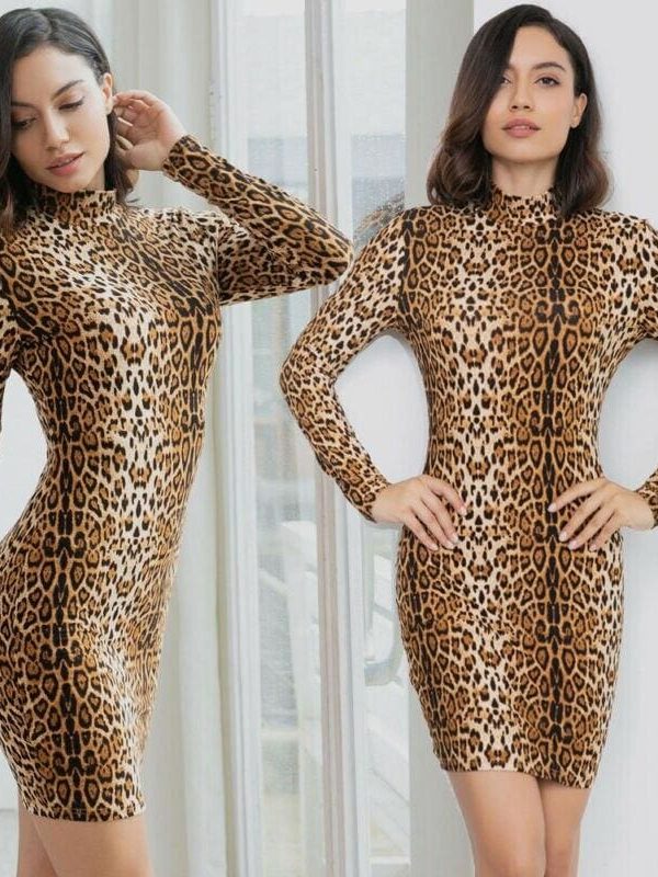 The Best Summer Women's Sexy Leopard High Neck Long Sleeve Mini Dress Ladies Bodycon Slim Holiday Beach Clothes Party Clubwear Online - Takalr