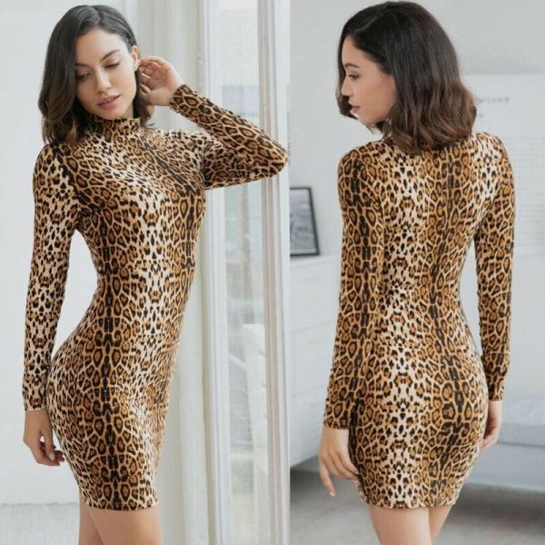 The Best Summer Women's Sexy Leopard High Neck Long Sleeve Mini Dress Ladies Bodycon Slim Holiday Beach Clothes Party Clubwear Online - Takalr