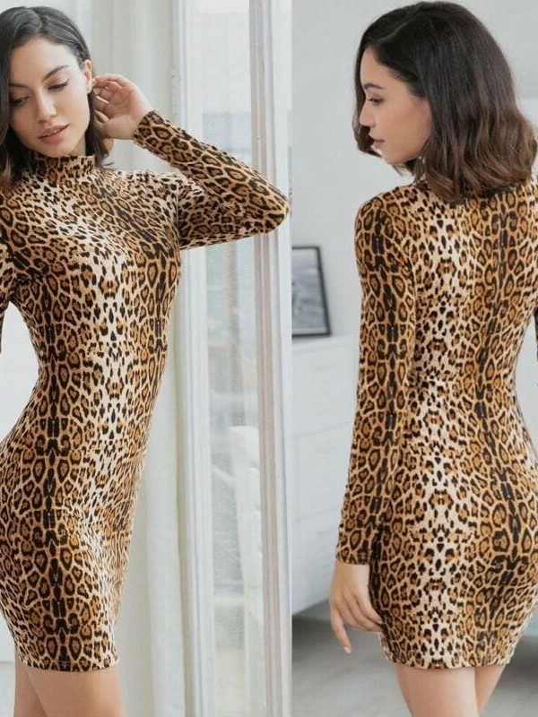 The Best Summer Women's Sexy Leopard High Neck Long Sleeve Mini Dress Ladies Bodycon Slim Holiday Beach Clothes Party Clubwear Online - Takalr