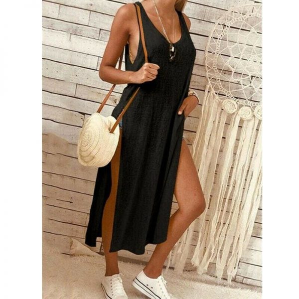 The Best Summer Women's Solid Color Split Sleeveless V-Neck Loose Casual Party Bohemian Dress Holiday Beach Sundress Online - Takalr