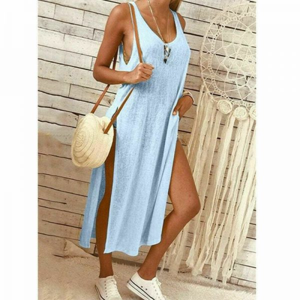 The Best Summer Women's Solid Color Split Sleeveless V-Neck Loose Casual Party Bohemian Dress Holiday Beach Sundress Online - Takalr