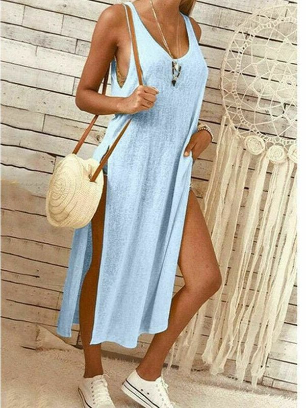 The Best Summer Women's Solid Color Split Sleeveless V-Neck Loose Casual Party Bohemian Dress Holiday Beach Sundress Online - Takalr