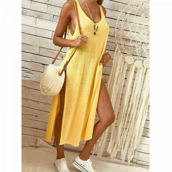 The Best Summer Women's Solid Color Split Sleeveless V-Neck Loose Casual Party Bohemian Dress Holiday Beach Sundress Online - Takalr