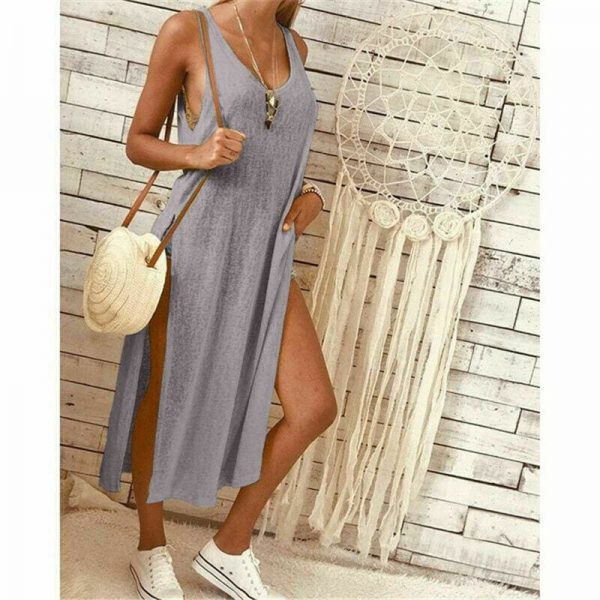 The Best Summer Women's Solid Color Split Sleeveless V-Neck Loose Casual Party Bohemian Dress Holiday Beach Sundress Online - Takalr