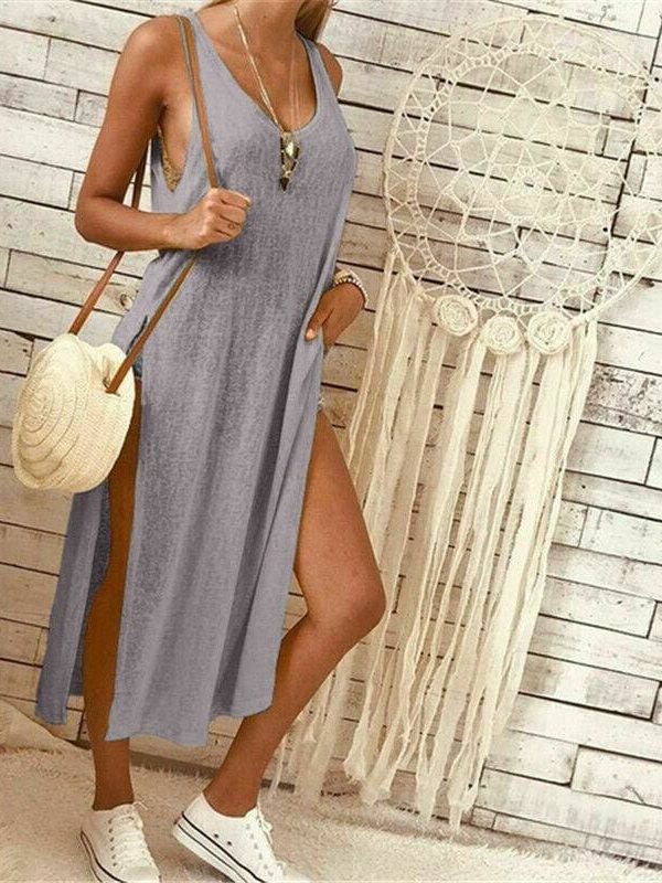 The Best Summer Women's Solid Color Split Sleeveless V-Neck Loose Casual Party Bohemian Dress Holiday Beach Sundress Online - Takalr