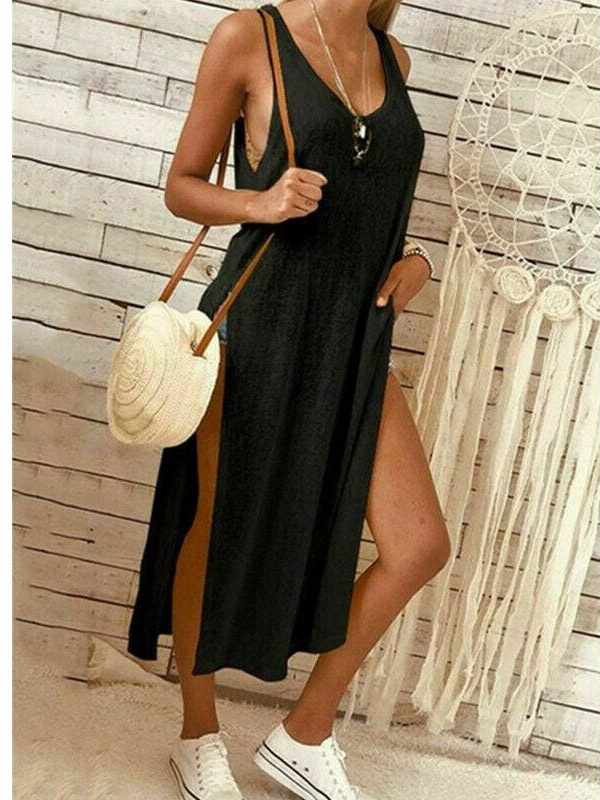 The Best Summer Women's Solid Color Split Sleeveless V-Neck Loose Casual Party Bohemian Dress Holiday Beach Sundress Online - Takalr