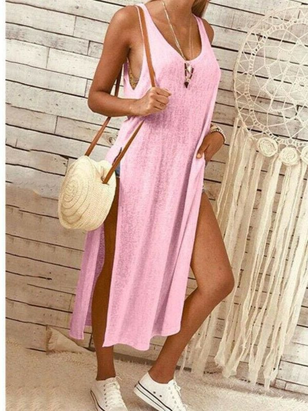 The Best Summer Women's Solid Color Split Sleeveless V-Neck Loose Casual Party Bohemian Dress Holiday Beach Sundress Online - Takalr