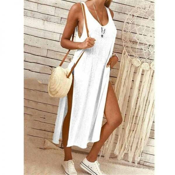 The Best Summer Women's Solid Color Split Sleeveless V-Neck Loose Casual Party Bohemian Dress Holiday Beach Sundress Online - Takalr