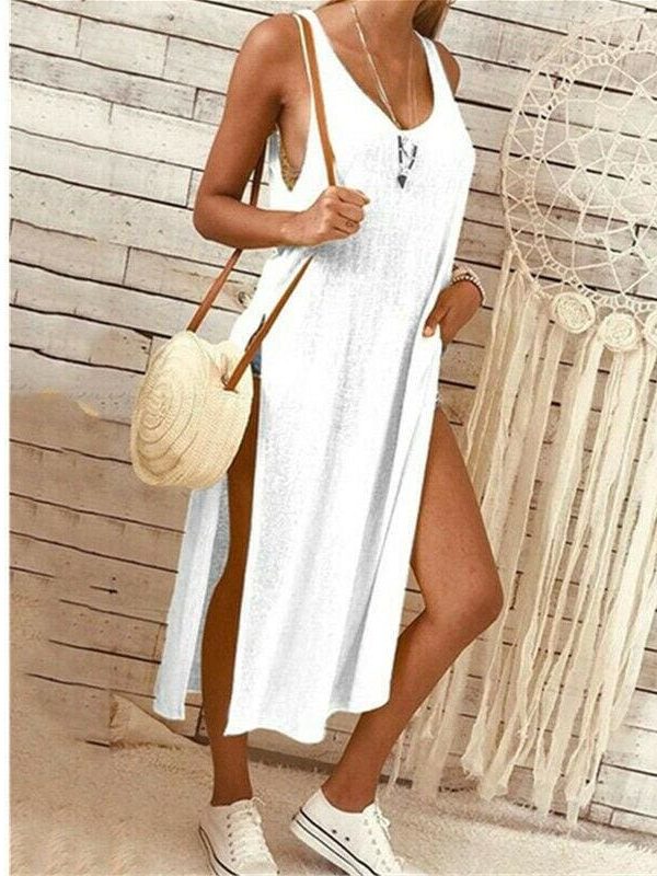 The Best Summer Women's Solid Color Split Sleeveless V-Neck Loose Casual Party Bohemian Dress Holiday Beach Sundress Online - Takalr