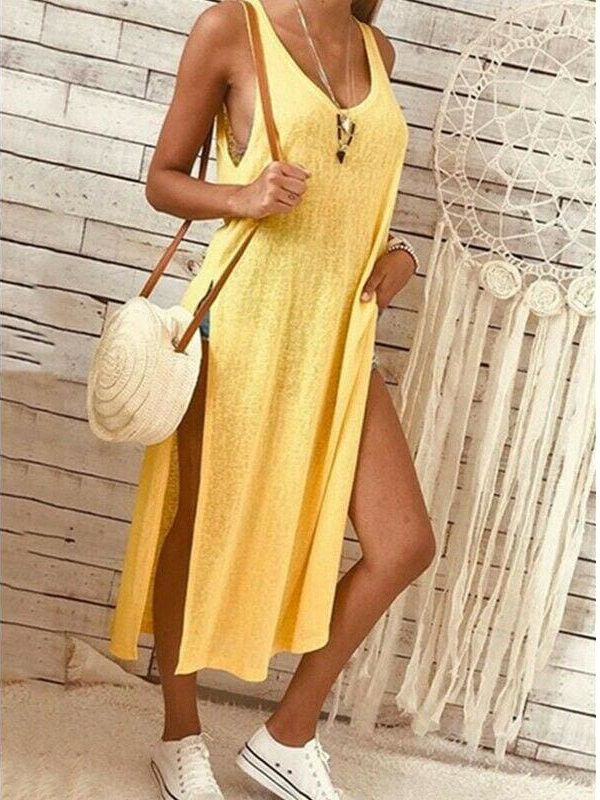 The Best Summer Women's Solid Color Split Sleeveless V-Neck Loose Casual Party Bohemian Dress Holiday Beach Sundress Online - Takalr