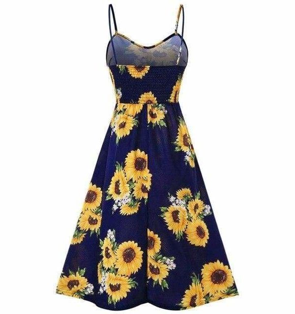 The Best Sunflower Printing Button Up A Line Off Shoulder Sleeveless Dress Online - Source Silk