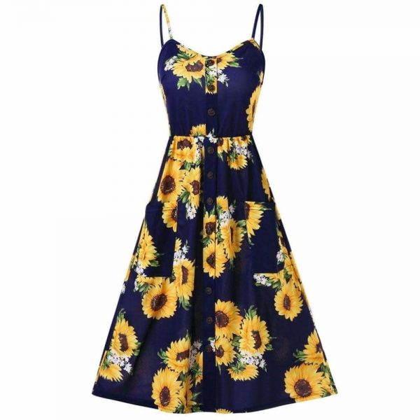 The Best Sunflower Printing Button Up A Line Off Shoulder Sleeveless Dress Online - Source Silk