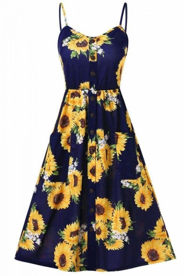 The Best Sunflower Printing Button Up A Line Off Shoulder Sleeveless Dress Online - Source Silk