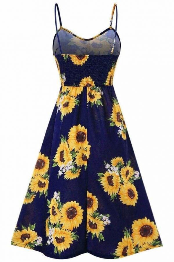 The Best Sunflower Printing Button Up A Line Off Shoulder Sleeveless Dress Online - Source Silk