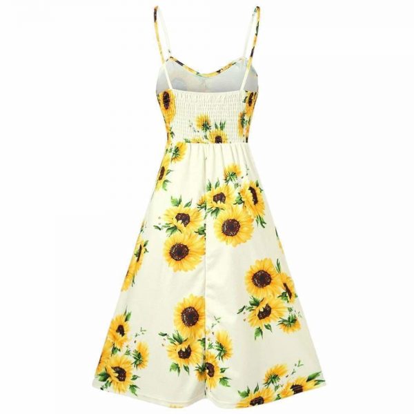 The Best Sunflower Printing Button Up A Line Off Shoulder Sleeveless Dress Online - Source Silk