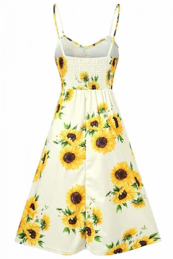 The Best Sunflower Printing Button Up A Line Off Shoulder Sleeveless Dress Online - Source Silk