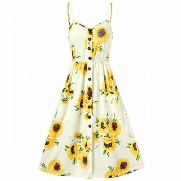 The Best Sunflower Printing Button Up A Line Off Shoulder Sleeveless Dress Online - Source Silk