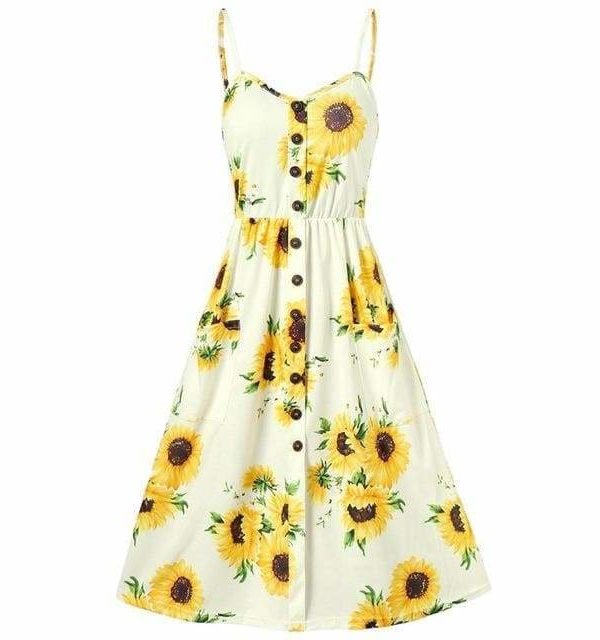 The Best Sunflower Printing Button Up A Line Off Shoulder Sleeveless Dress Online - Source Silk