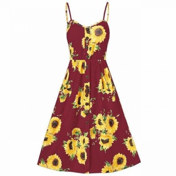 The Best Sunflower Printing Button Up A Line Off Shoulder Sleeveless Dress Online - Source Silk