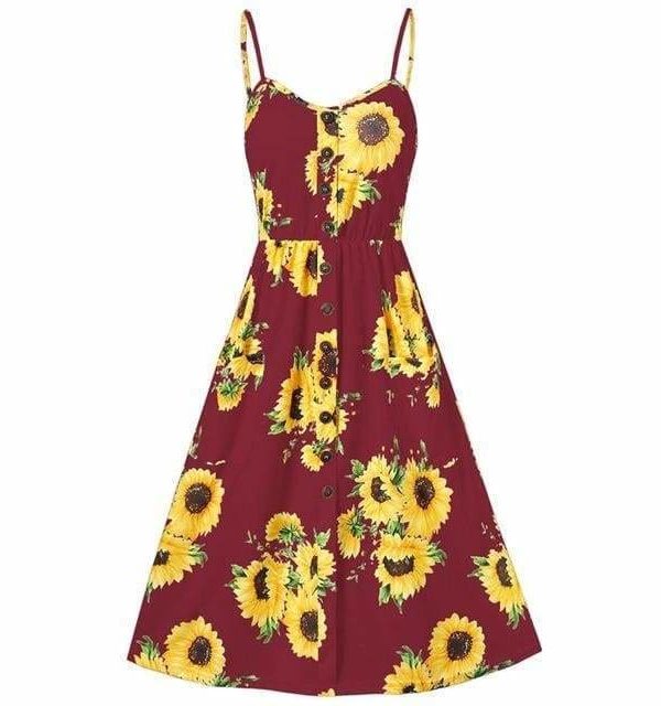 The Best Sunflower Printing Button Up A Line Off Shoulder Sleeveless Dress Online - Source Silk