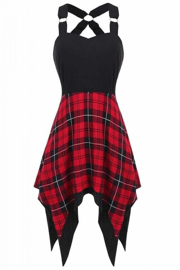 The Best Tartan Print Asymmetrical Dress Women Sleeveless Beach Dress Online - Source Silk