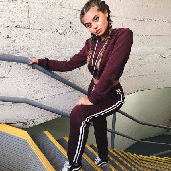 The Best Tracksuit 2pcs Women Set Hoodies Crop Top Sweatshirt+Side Stripe Pants Hooded 2 Pieces Sets Women Autumn Clothing Suits Female Online - Takalr