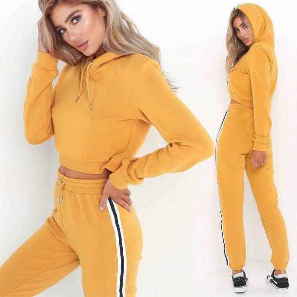 The Best Tracksuit 2pcs Women Set Hoodies Crop Top Sweatshirt+Side Stripe Pants Hooded 2 Pieces Sets Women Autumn Clothing Suits Female Online - Takalr