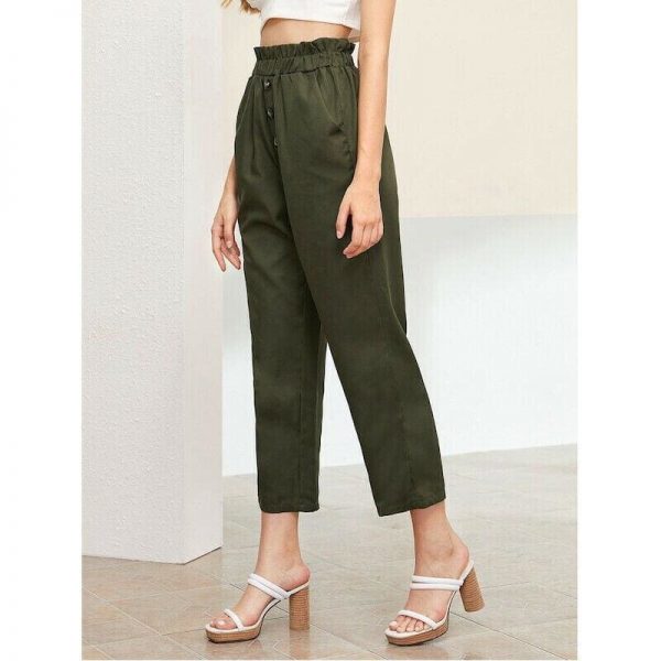 The Best Treny Women Summer High Waist Frill Waist Button Front Straight Leg Pants Elastic Crop Pants Belt Harem Trousers Online - Takalr