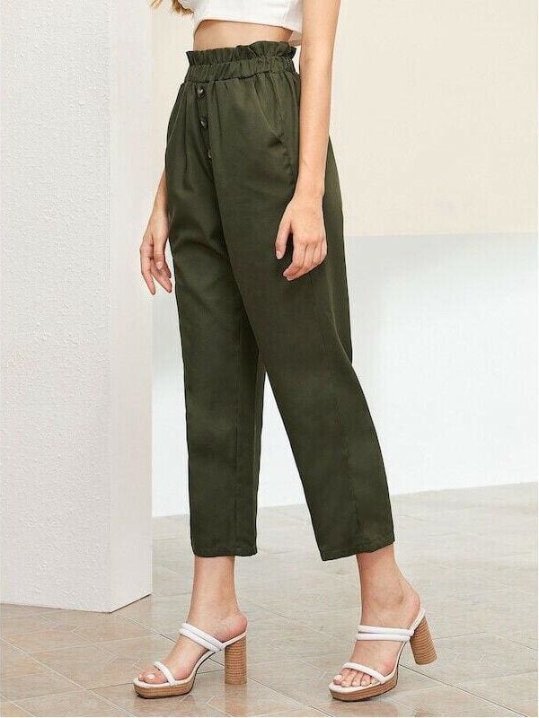 The Best Treny Women Summer High Waist Frill Waist Button Front Straight Leg Pants Elastic Crop Pants Belt Harem Trousers Online - Takalr