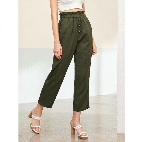 The Best Treny Women Summer High Waist Frill Waist Button Front Straight Leg Pants Elastic Crop Pants Belt Harem Trousers Online - Takalr