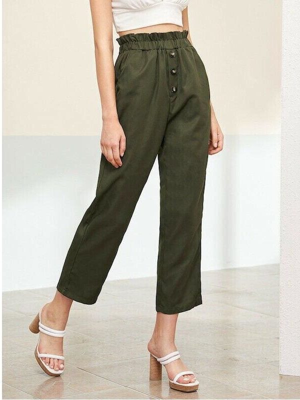 The Best Treny Women Summer High Waist Frill Waist Button Front Straight Leg Pants Elastic Crop Pants Belt Harem Trousers Online - Takalr