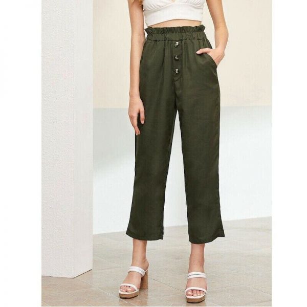 The Best Treny Women Summer High Waist Frill Waist Button Front Straight Leg Pants Elastic Crop Pants Belt Harem Trousers Online - Takalr