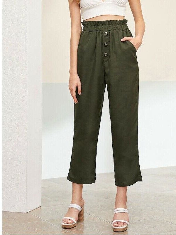 The Best Treny Women Summer High Waist Frill Waist Button Front Straight Leg Pants Elastic Crop Pants Belt Harem Trousers Online - Takalr