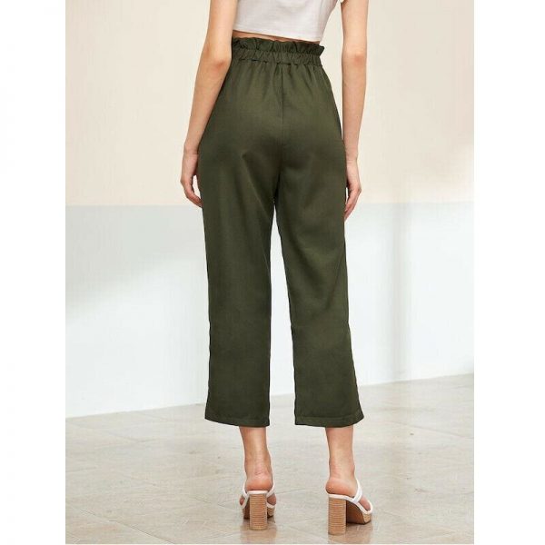 The Best Treny Women Summer High Waist Frill Waist Button Front Straight Leg Pants Elastic Crop Pants Belt Harem Trousers Online - Takalr