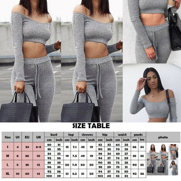 The Best Two Piece Outfit Women Tracksuit Off Shoulder Long Sleeve Crop Top Pencil Pants Leggings Set Bodycon Slim Casual Sport Suit Online - Takalr